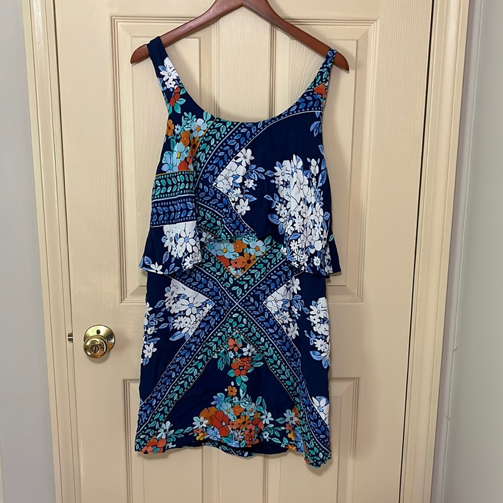 Maeve (Anthro brand) gauzy tiered blue and orange floral dress, sz 12